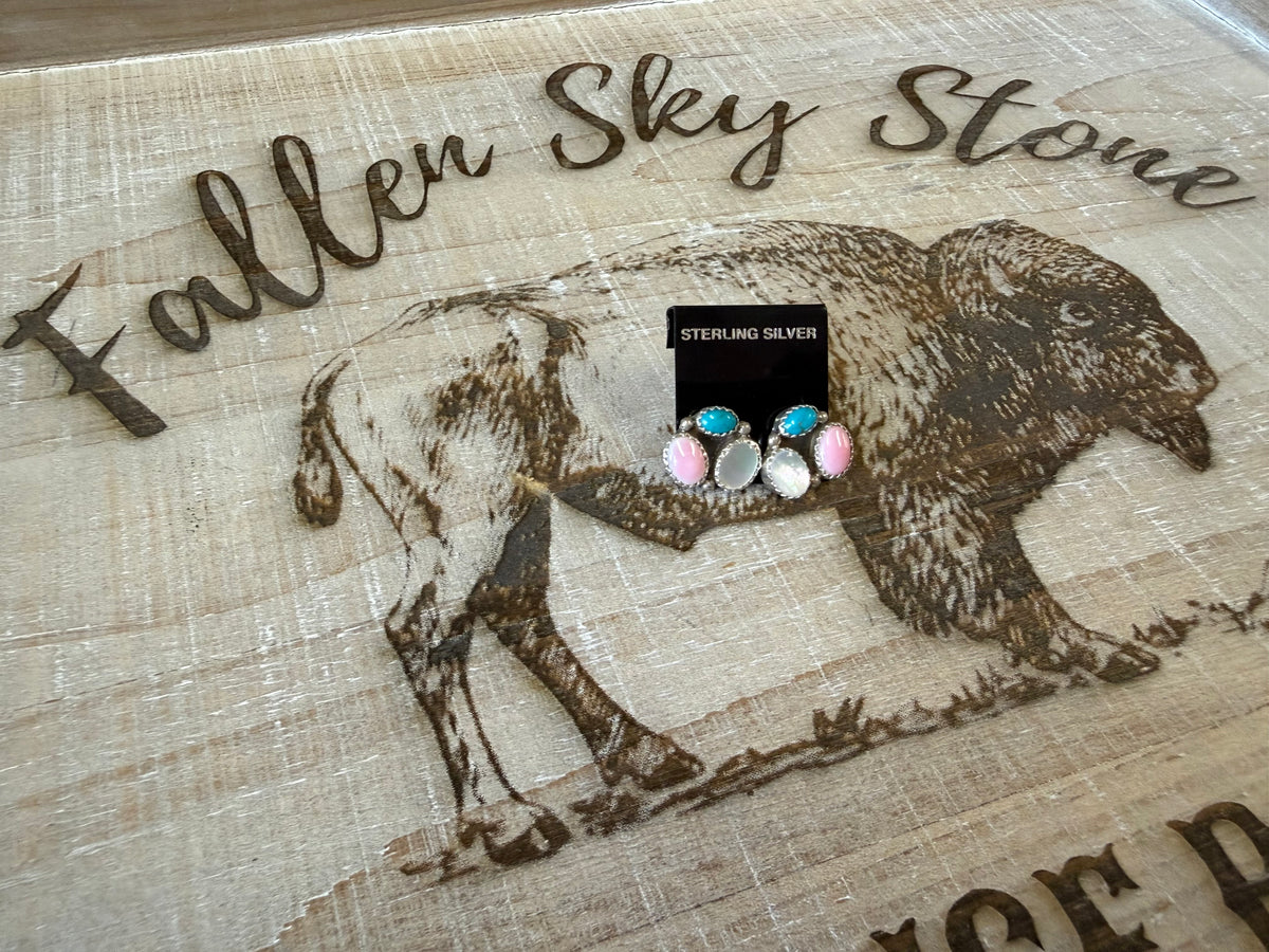 Turquoise Pink Conch Mother of Pearl Cluster Stud Earrings Sterling Silver | Multi Stone Southwestern Jewelry