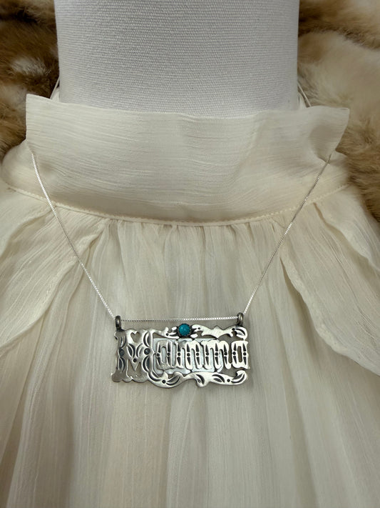 Mama Nameplate Necklace Sterling Silver with Kingman Turquoise | Navajo Handmade by Jerome Lee | Southwestern Mom Jewelry