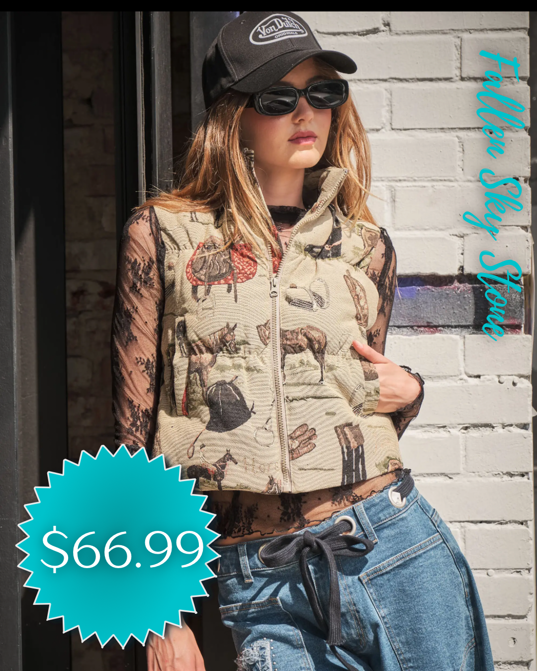 Western Print Zip-Up Vest