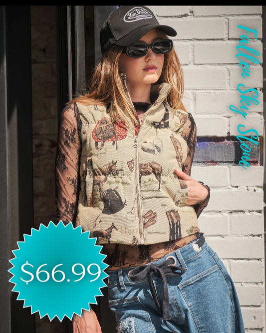 Western Print Zip-Up Vest