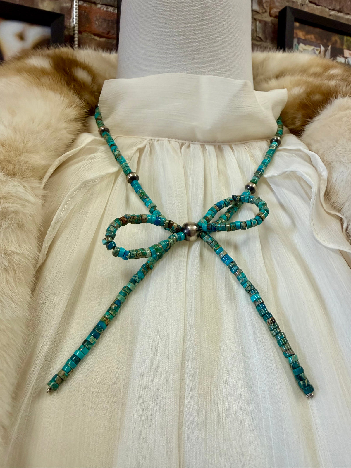 Turquoise Bead Bow Necklace with Navajo Pearl | Handmade Southwestern Heishi Style Statement Jewelry