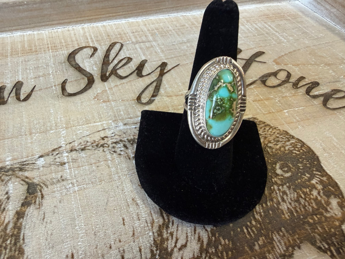 Sterling Silver Sierra Bella Turquoise Ring Size 7.5, Long Oval Green Blue Stone, Rope Twist Frame, Stamped Southwestern Ring