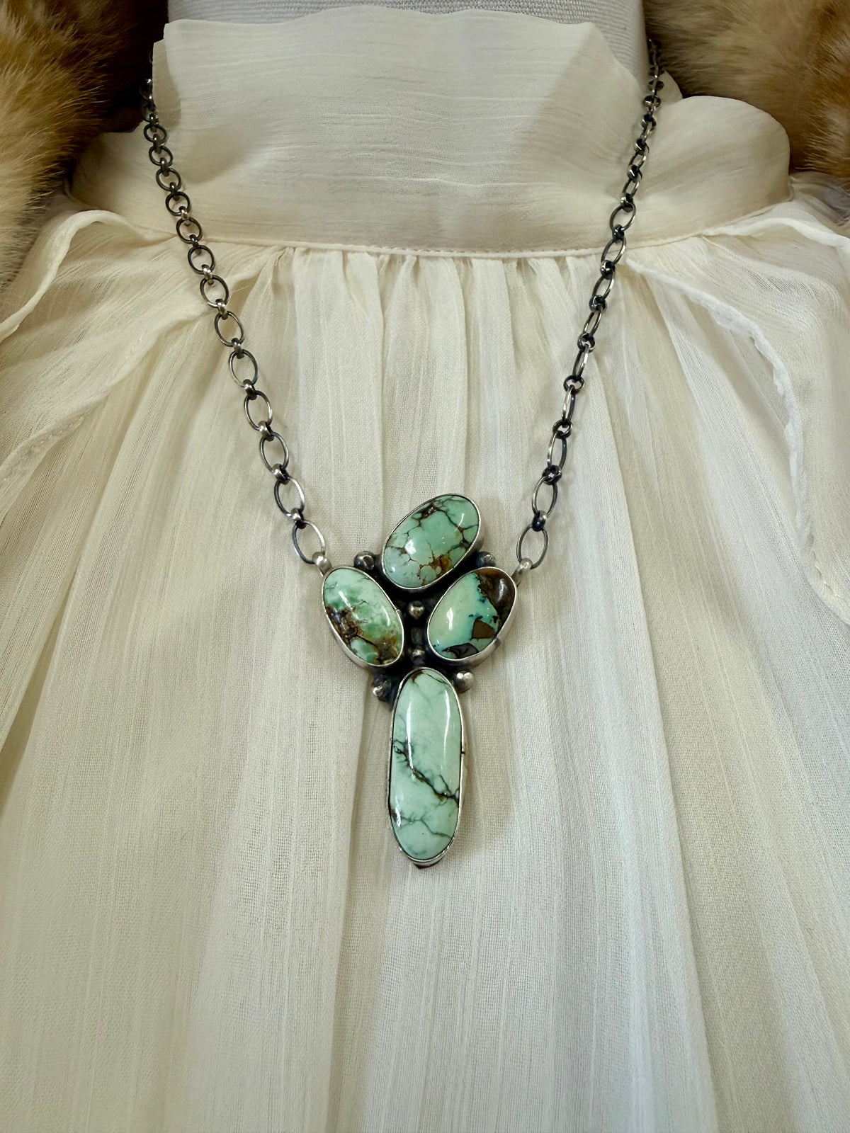 New Lander Variscite, Four Stone Cluster Pendant, Western Statement Jewelry, Green Gemstone Southwestern Necklace.