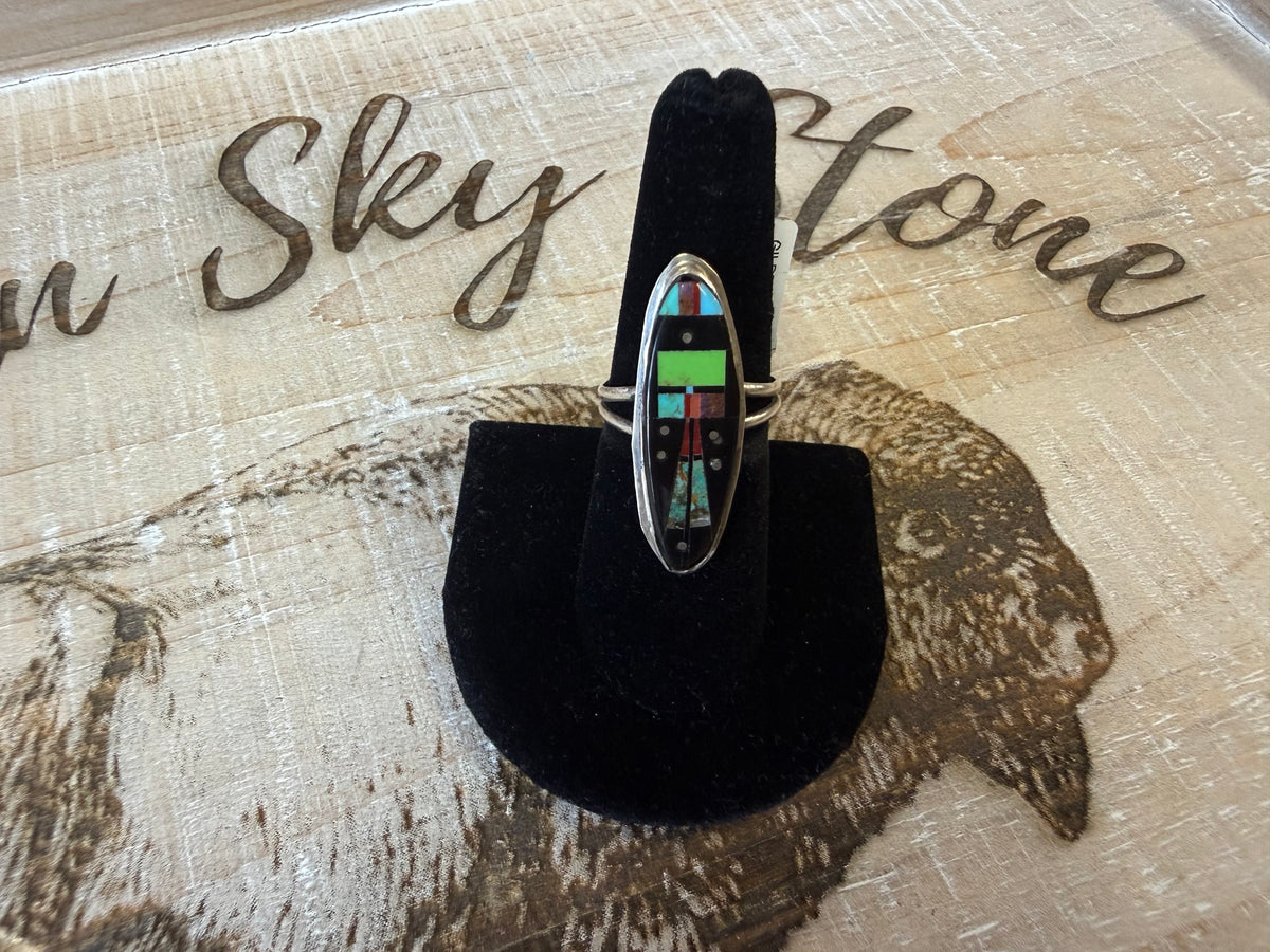 Sterling Silver Night Sky Inlay Ring Size 7.5, Long Oval Multi Stone Inlay, Turquoise Coral Black Onyx, Southwestern Ring