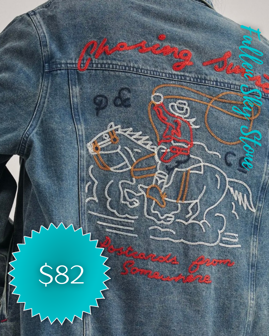 Medium Wash Denim Jacket with Embroidered Roping Cowboy Back Graphic