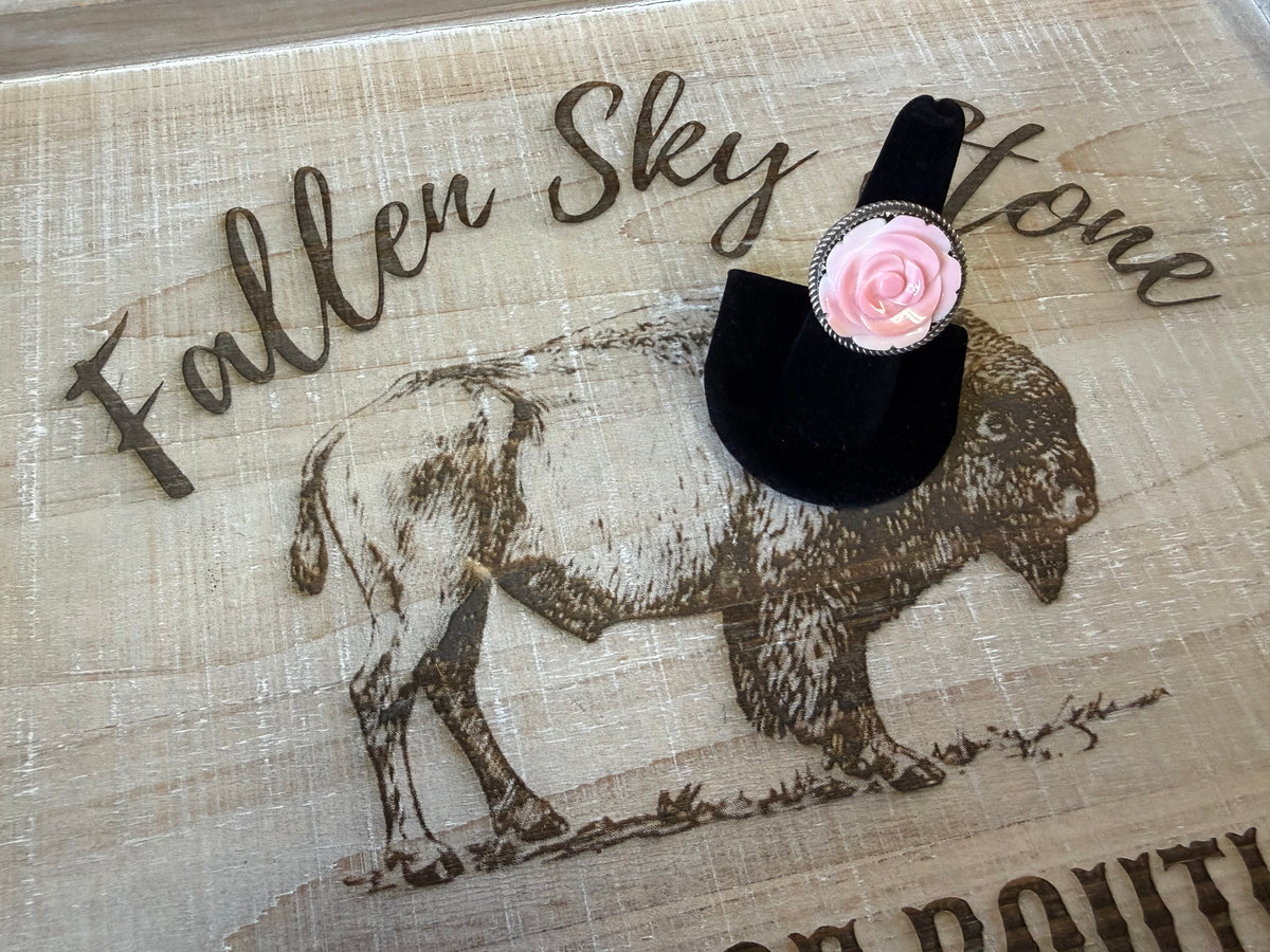 Sterling Silver Pink Conch Shell Rose Ring Size 7, Carved Pink Rose Flower, Rope Twist Bezel, Southwestern Statement Ring