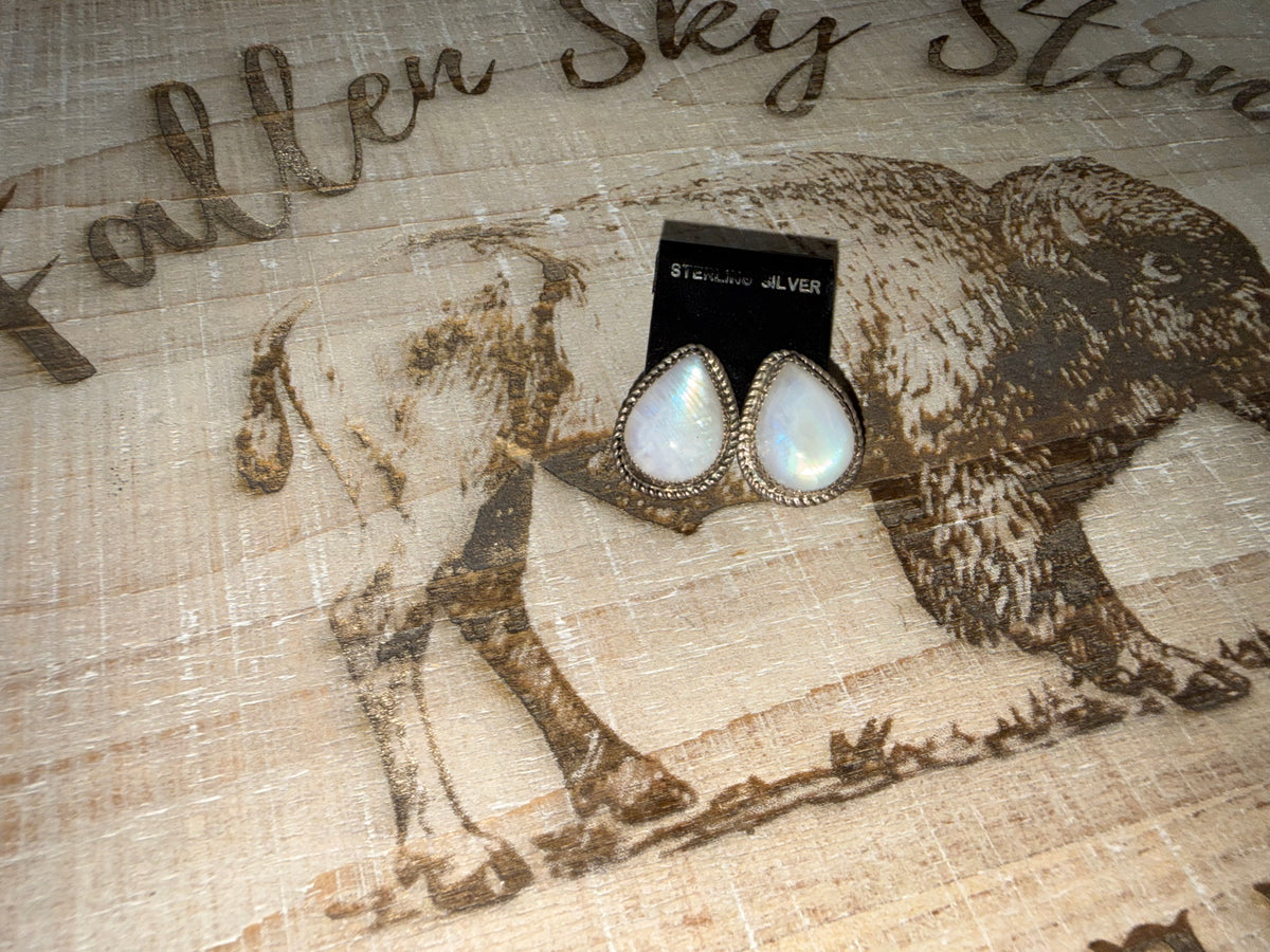 Moonstone Teardrop Stud Earrings, Sterling Silver Rope Bezel, Southwestern Western Jewelry