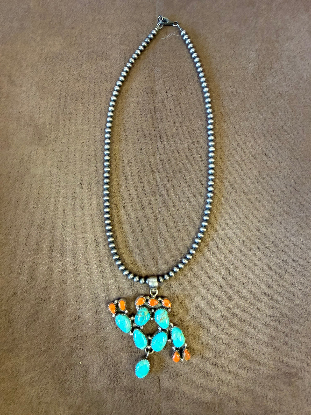 Turquoise and Coral Pendant Necklace Sterling Silver | Handmade Southwestern Cluster Statement Jewelry
