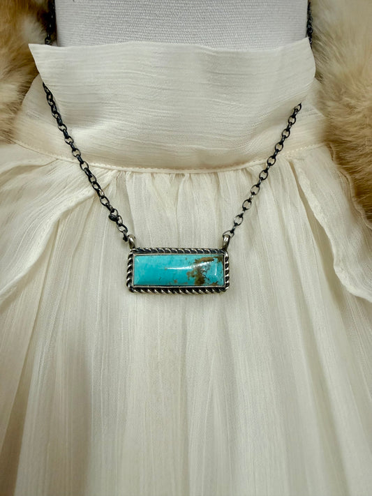 Turquoise Bar Pendant Necklace Sterling Silver | Navajo Handmade by Chassity Belone | Southwestern Statement Jewelry