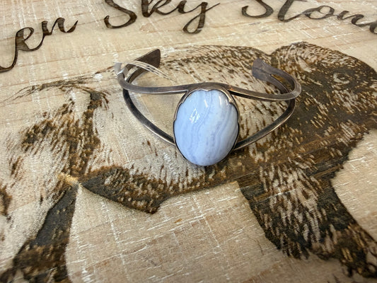 Blue Lace Agate Cuff Bracelet Sterling Silver | Soft Blue Banded Cabochon | Southwestern Minimalist Cuff