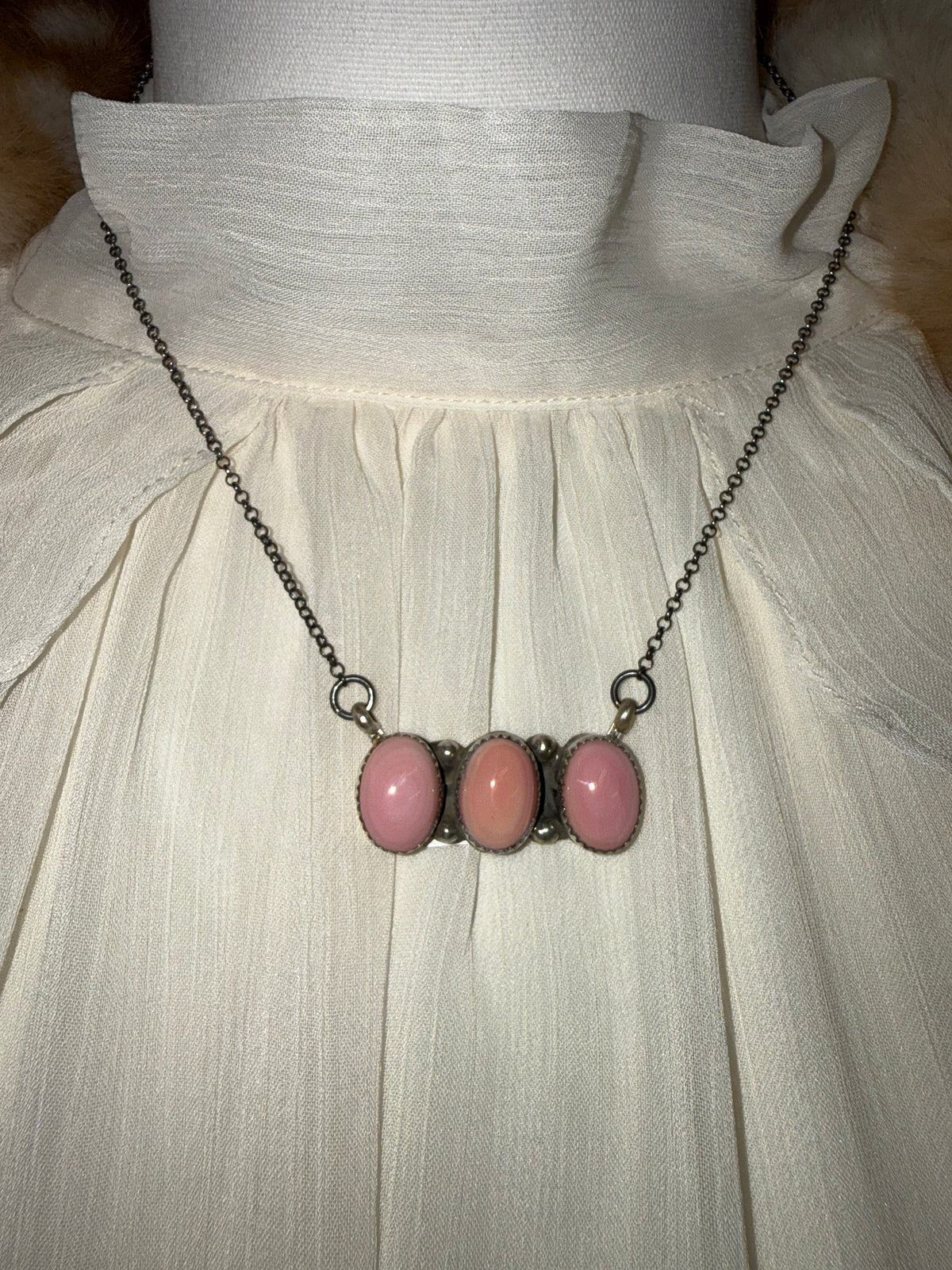 Pink Conch Three Stone Pendant Necklace Sterling Silver | Navajo Handmade by Levi Hoskie | Southwestern Statement Jewelry