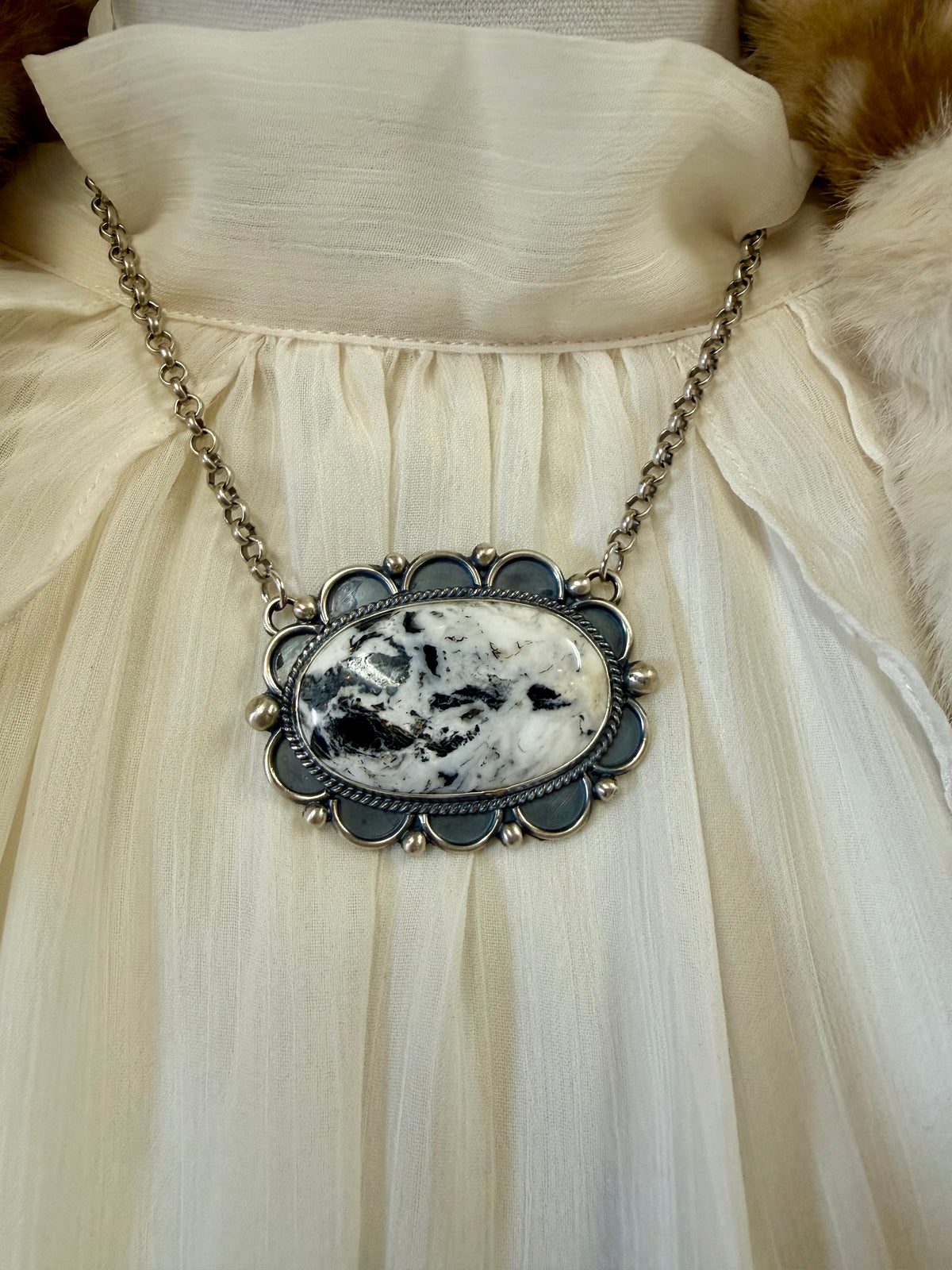 White Buffalo Stone Pendant Necklace Sterling Silver | Navajo Native American Handmade by Mary Ellen | Large Oval Statement Jewelry