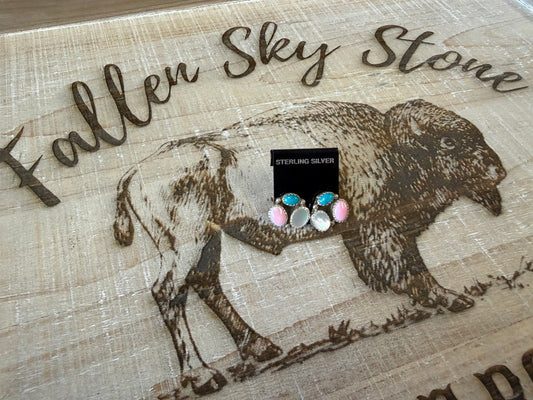 Turquoise Pink Conch Mother of Pearl Cluster Stud Earrings Sterling Silver | Multi Stone Southwestern Jewelry