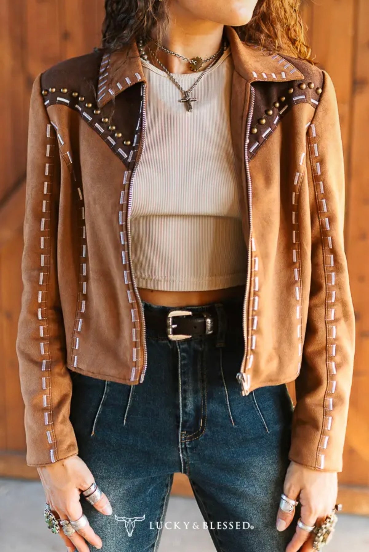 Camel Faux Suede Western Zip Jacket with Studded Brown Yoke and Whipstitch Trim
