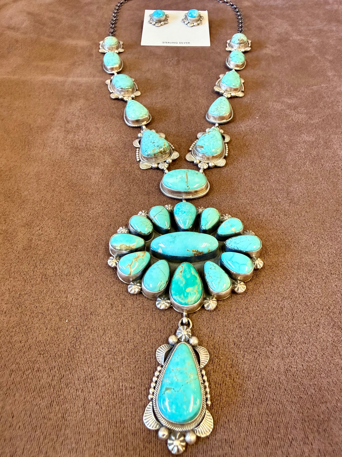 Navajo Squash Blossom Necklace Set Sterling Silver | Royston Turquoise by Eli Skeets | Handmade Statement Jewelry with Matching Earrings