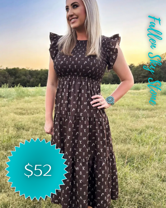 Cattle Brand Print Ruffle Dress