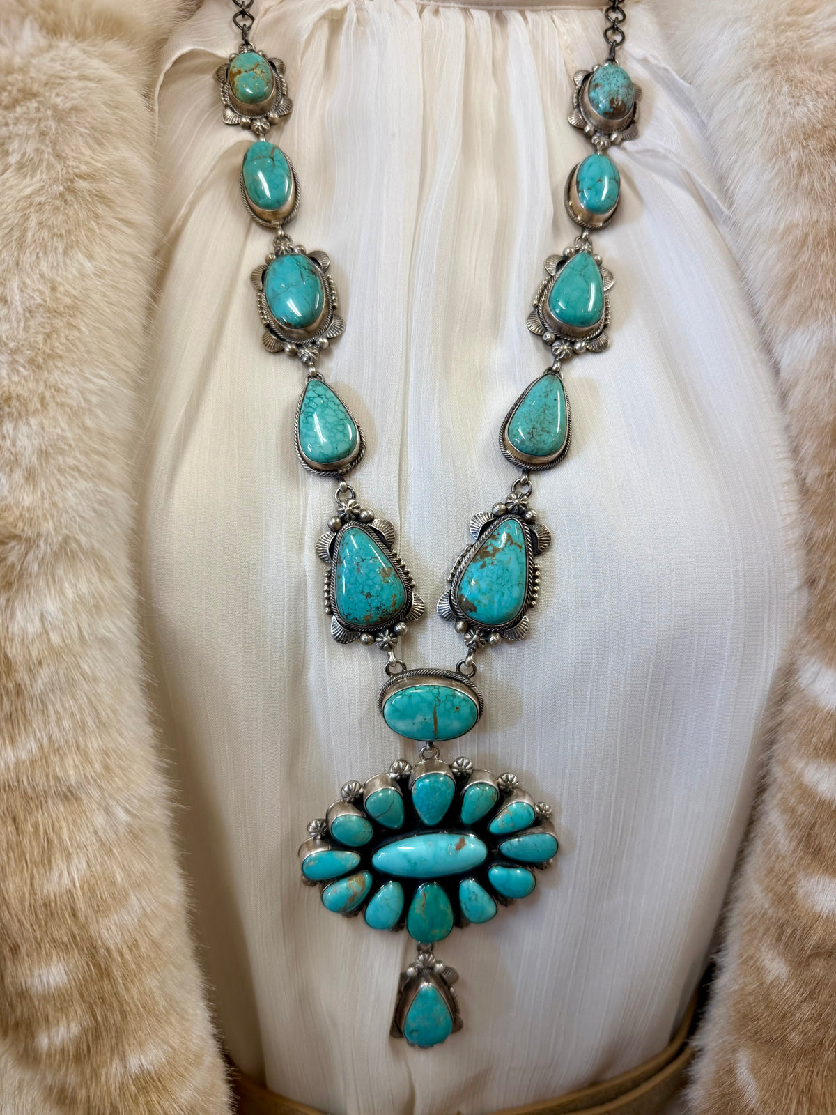 Navajo Squash Blossom Necklace Set Sterling Silver | Royston Turquoise by Eli Skeets | Handmade Statement Jewelry with Matching Earrings