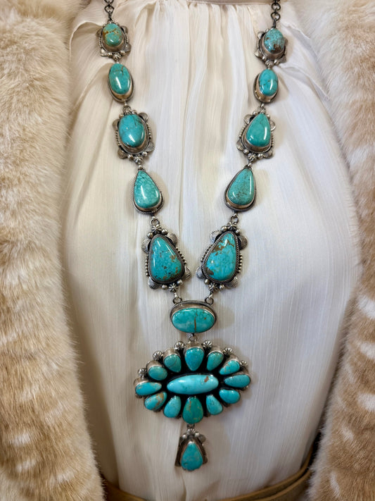 Navajo Squash Blossom Necklace Set Sterling Silver | Royston Turquoise by Eli Skeets | Handmade Statement Jewelry with Matching Earrings