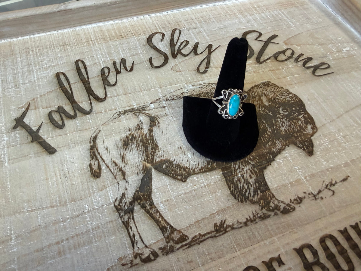 Sterling Silver Turquoise Ring Size 9, Oval Turquoise Stone, Scroll Filigree Frame, Split Shank Southwestern Ring, Gift for Her