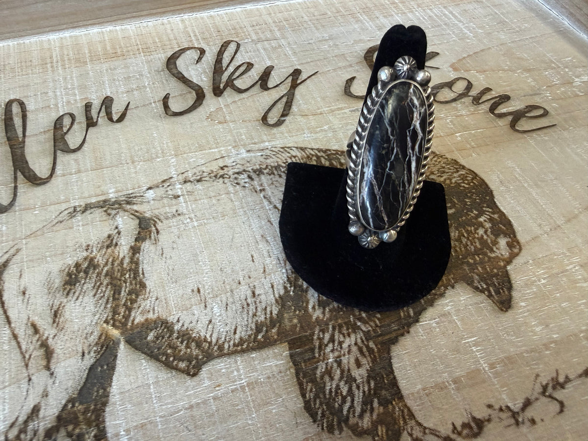 Sterling Silver White Buffalo Ring Size 8, Long Oval Black & White Stone, Rope Twist Bezel, Southwestern Statement Ring