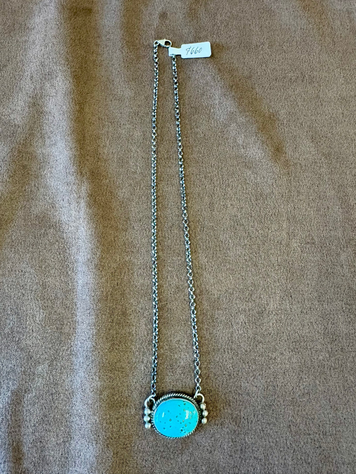 Turquoise Pendant Necklace Sterling Silver | Round Cabochon with Twisted Wire Bezel | Southwestern Statement Jewelry