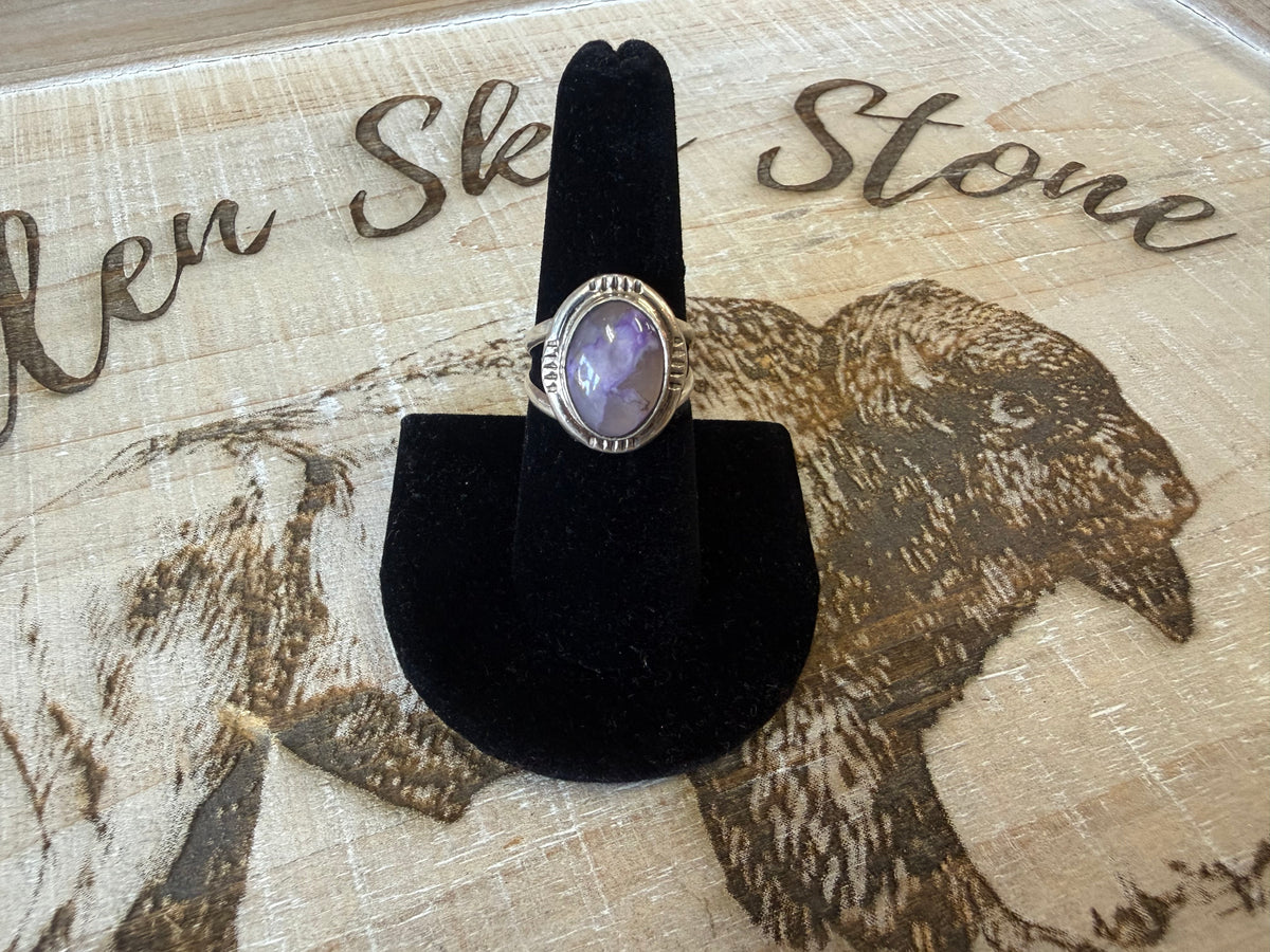 Sterling Silver Charoite Ring Size 7, Purple Charoite Oval Stone, Stamped Southwestern Ring, Split Shank Band, Gift for Her