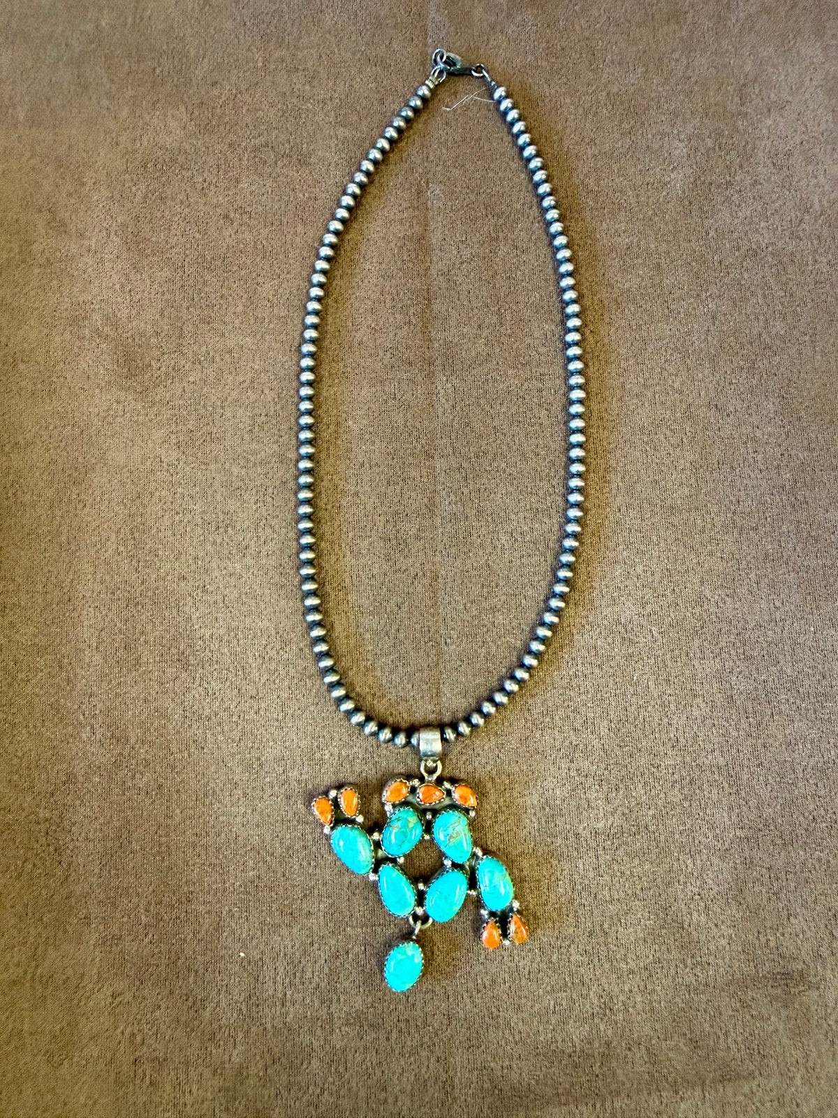 Turquoise and Coral Pendant Necklace Sterling Silver | Handmade Southwestern Cluster Statement Jewelry