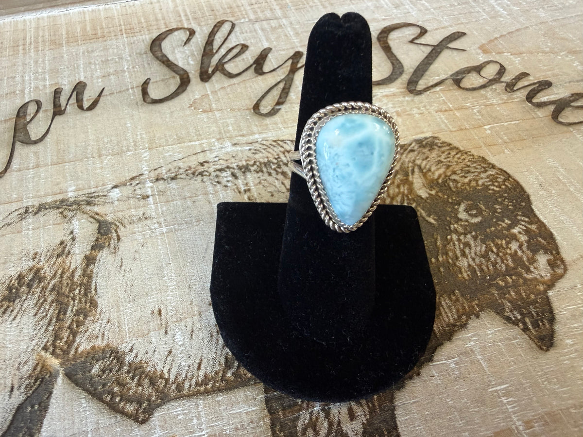 Sterling Silver Larimar Ring Size 6, Teardrop Blue Larimar Stone, Rope Twist Bezel, Split Shank Ring, Gift for Her