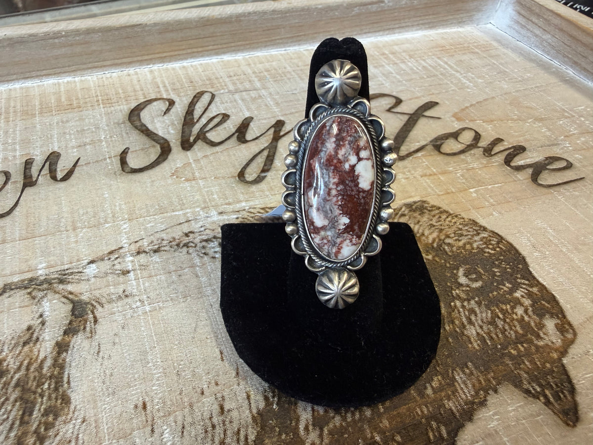 Wild Horse Long Oval Ring Sterling Silver | Large Cabochon with Scalloped Bezel | Southwestern Statement Ring | Size 8