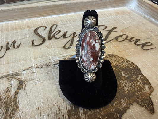 Wild Horse Long Oval Ring Sterling Silver | Large Cabochon with Scalloped Bezel | Southwestern Statement Ring | Size 8