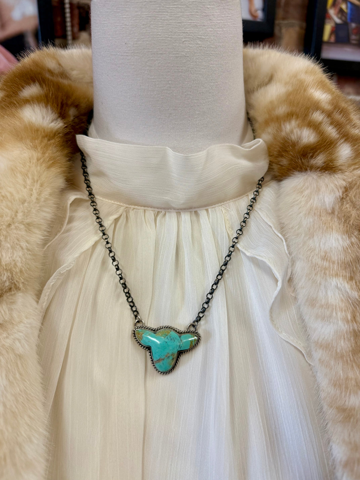 Highlander Cow Turquoise Pendant Necklace | Navajo Handmade by Paul Yazzie | Sterling Silver Statement Jewelry