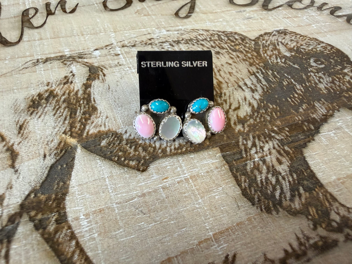 Turquoise Pink Conch Mother of Pearl Cluster Stud Earrings Sterling Silver | Multi Stone Southwestern Jewelry