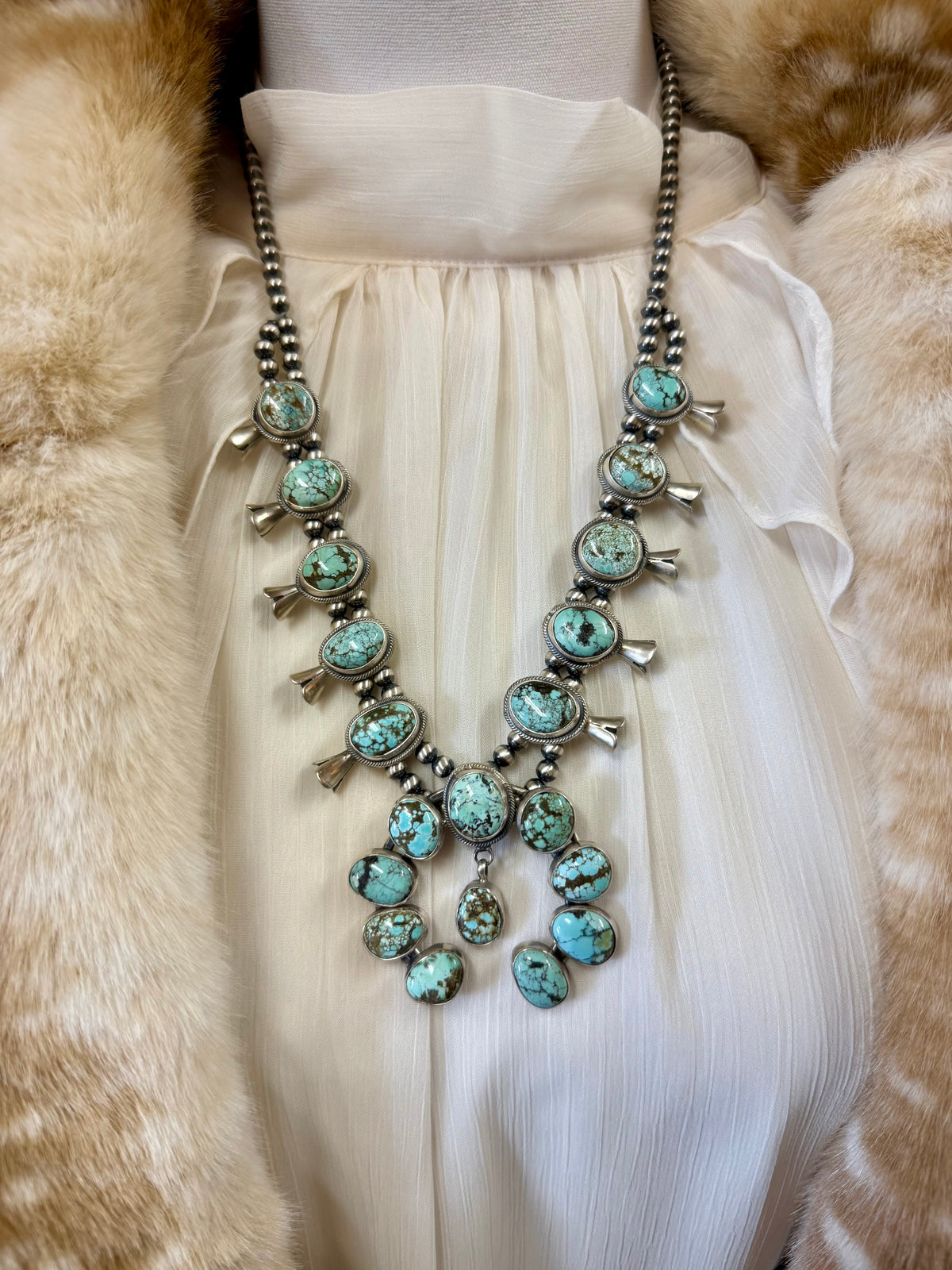 Blue Moon Turquoise Squash Blossom Necklace, Turquoise Statement Necklace, Southwestern Western Jewelry, Turquoise Pendant, Boho Necklace