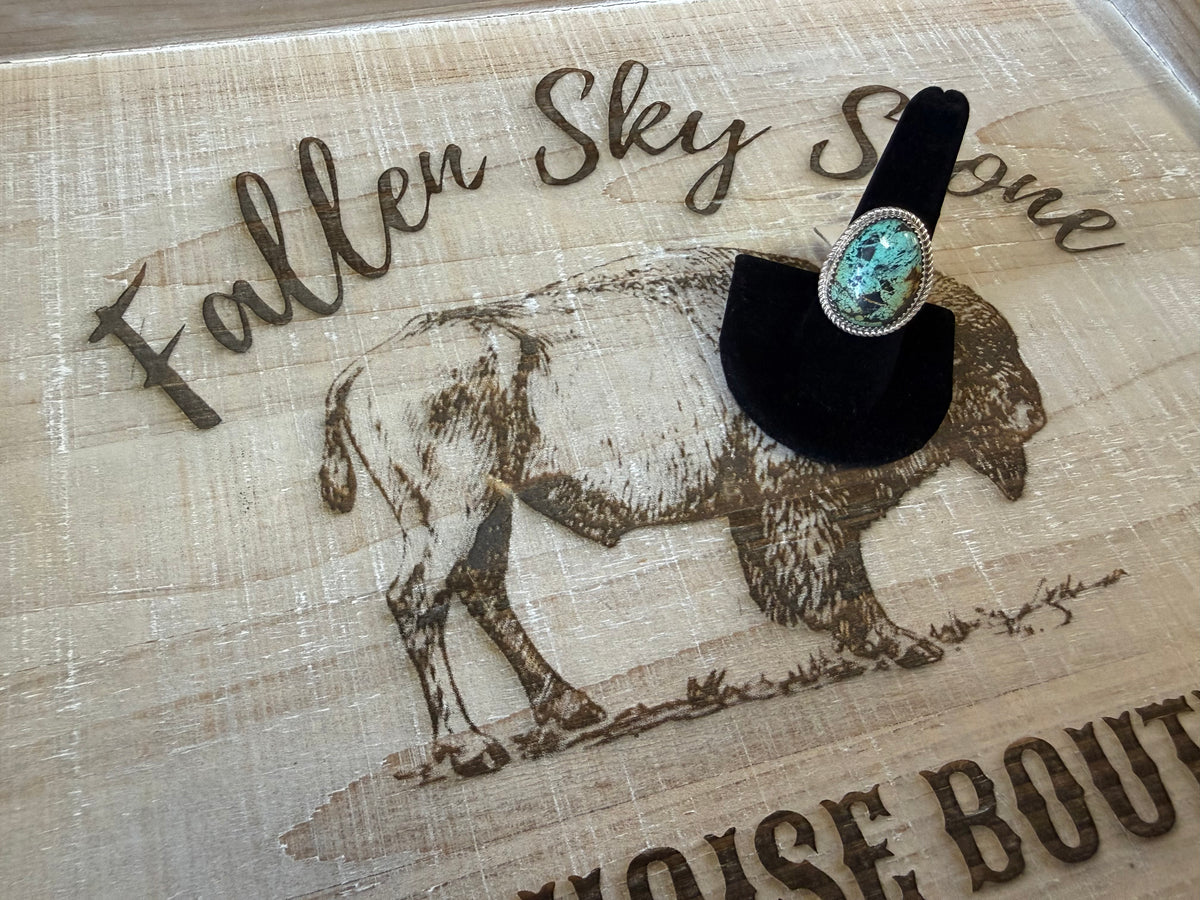 Sterling Silver Turquoise Ring Size 8, Large Oval Green Blue Spiderweb Turquoise, Rope Twist Bezel, Southwestern Statement Ring