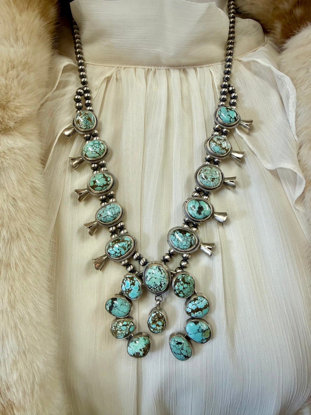 Blue Moon Turquoise Squash Blossom Necklace, Turquoise Statement Necklace, Southwestern Western Jewelry, Turquoise Pendant, Boho Necklace