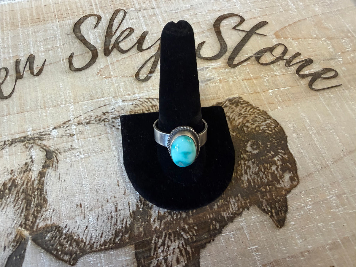 Antoinette Martinez Sterling Silver Lone Mountain Turquoise Ring Size 11, Rope Twist Bezel, Wide Band, Southwestern Ring
