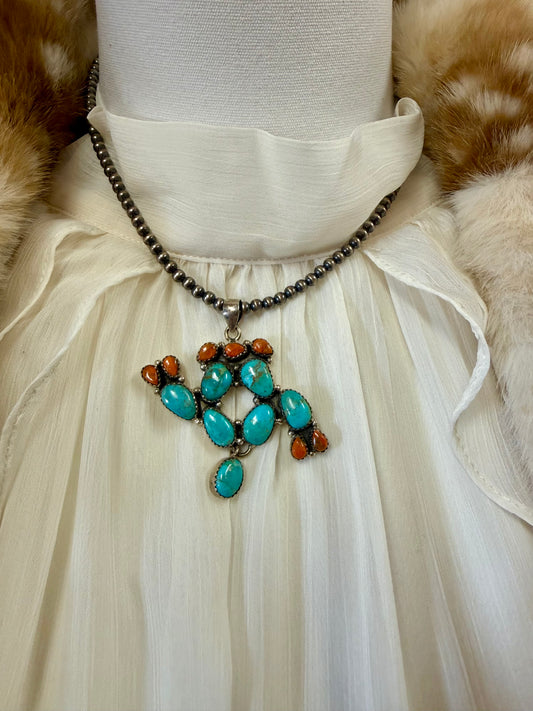 Turquoise and Coral Pendant Necklace Sterling Silver | Handmade Southwestern Cluster Statement Jewelry