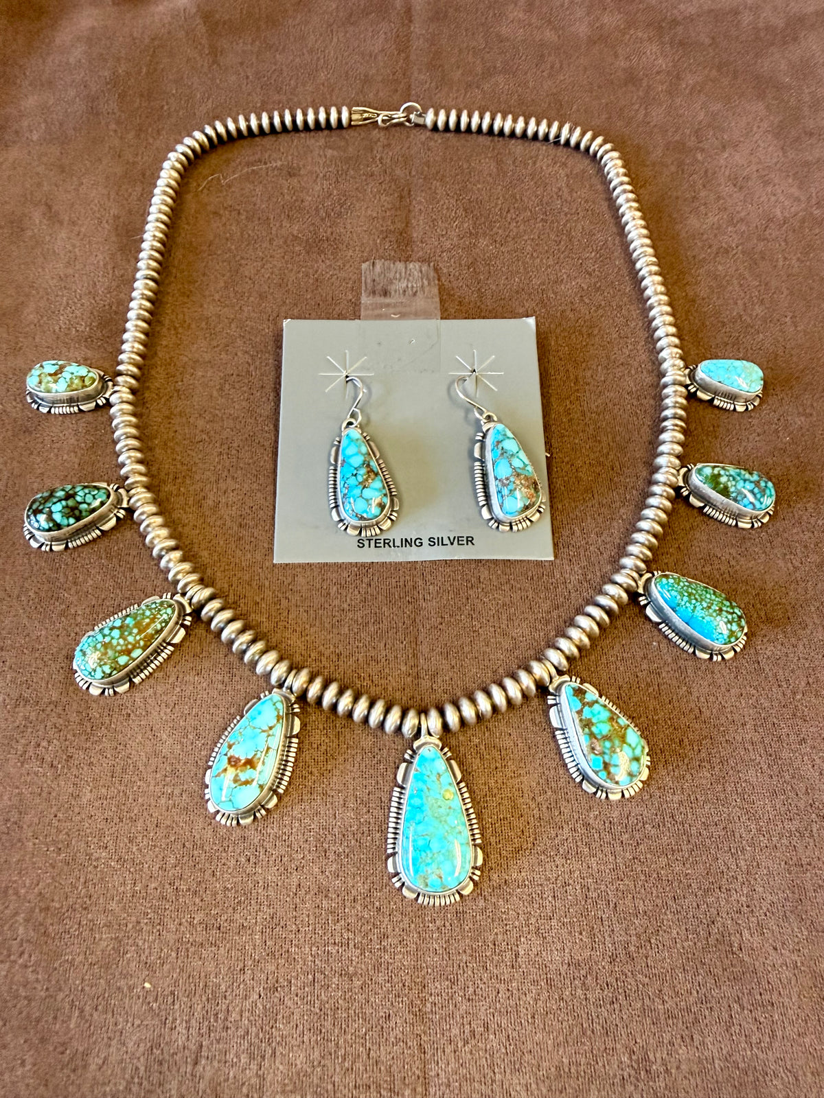 Kingman Water Web Turquoise Necklace Set Sterling Silver | Navajo Handmade by Larry Yazzie | Matching Earrings Statement Jewelry