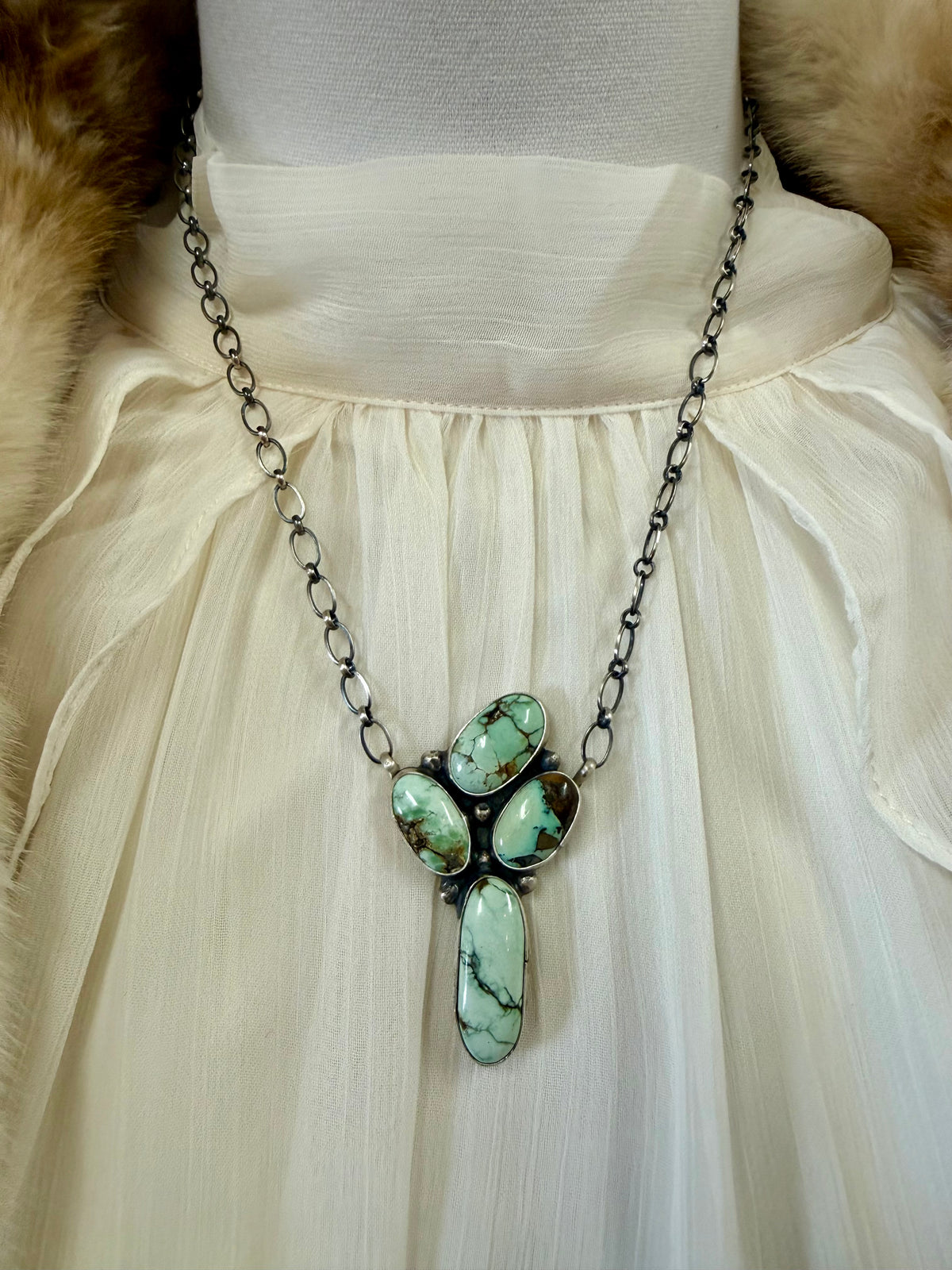 New Lander Variscite, Four Stone Cluster Pendant, Western Statement Jewelry, Green Gemstone Southwestern Necklace.