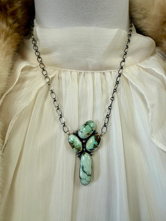 New Lander Variscite, Four Stone Cluster Pendant, Western Statement Jewelry, Green Gemstone Southwestern Necklace.