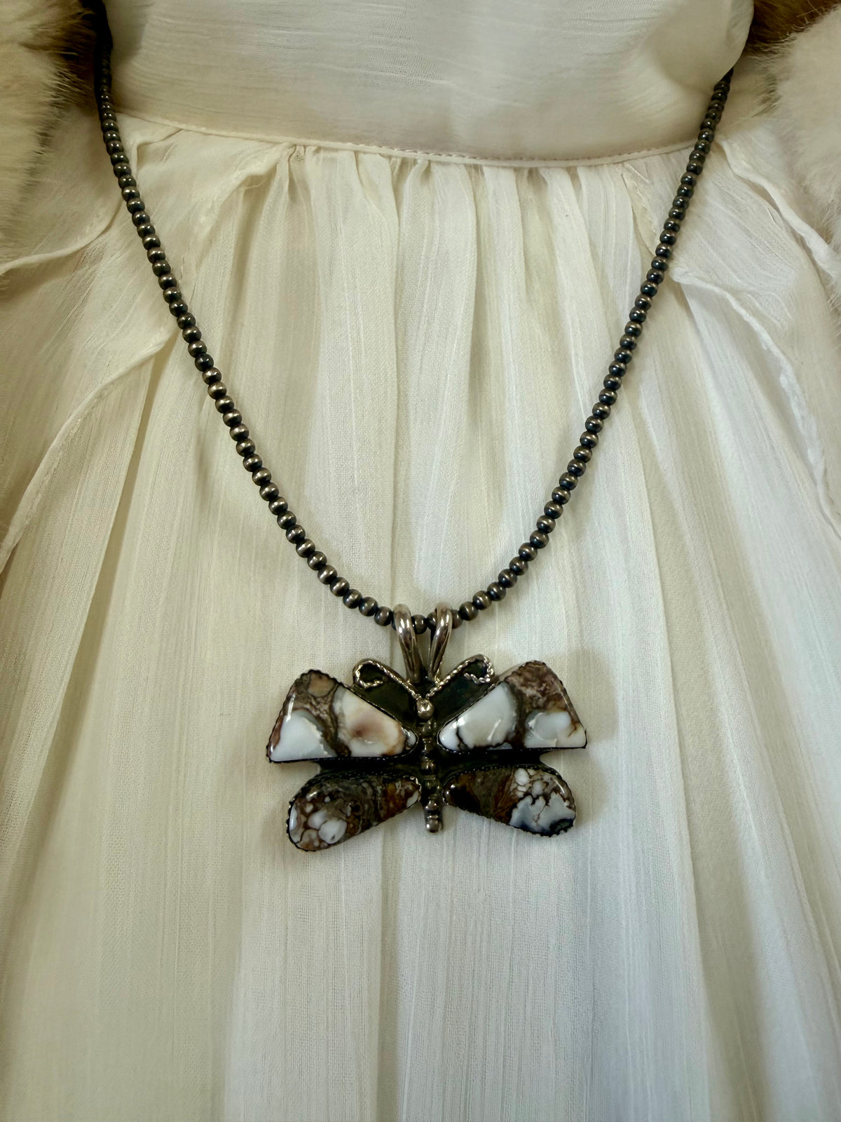 Wild Horse Butterfly Pendant Necklace Sterling Silver | Navajo Pearl Chain Southwestern Statement Jewelry