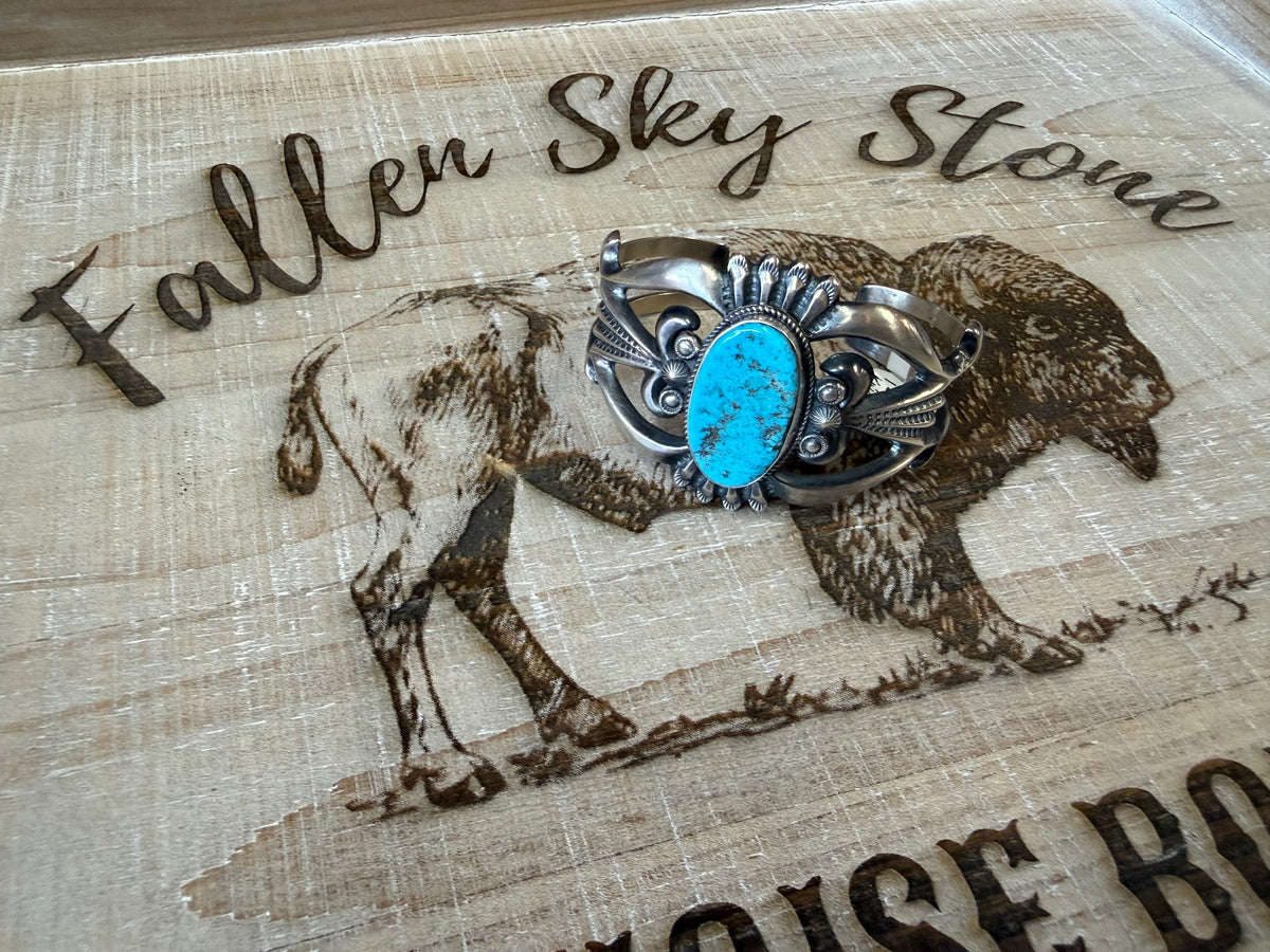 Kingman Turquoise Cuff Bracelet Sterling Silver | Navajo Handmade by Harrison Bigrove | Large Statement Southwestern Cuff