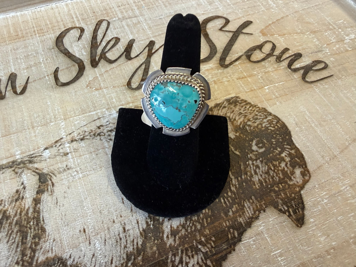 Sterling Silver Turquoise Ring Size 6.5, Large Rope Twist Bezel, Notched Silver Frame, Southwestern Statement Ring, Gift for Her