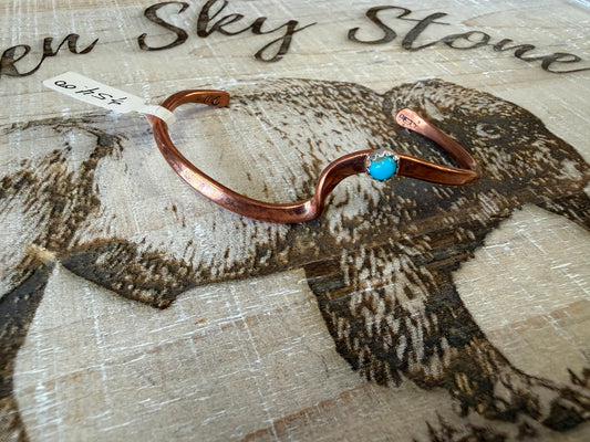 Michelle Cadman Copper Cuff Bracelet, Turquoise Stone Accent, Wavy Minimalist Southwestern Cuff, Sterling Bezel, Gift for Her