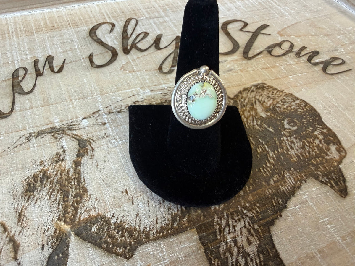 Sterling Silver Palomino Turquoise Ring Size 8.5, Rope Twist Bezel, Pale Green Blue Stone, Southwestern Split Shank Ring