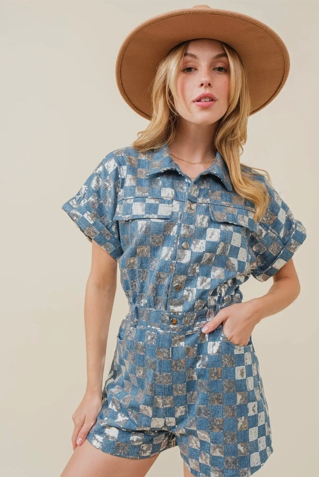 Sequin Checkered Denim Romper