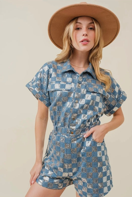 Sequin Checkered Denim Romper