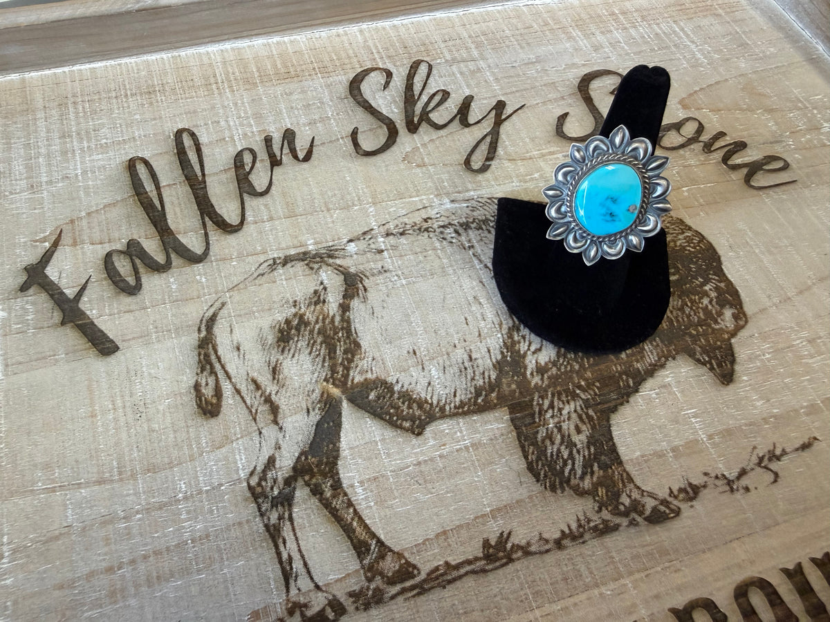 Billy Long Sterling Silver Sleeping Beauty Turquoise Ring Size 8, Large Sky Blue Stone, Repoussé Flower Frame, Southwestern Statement Ring