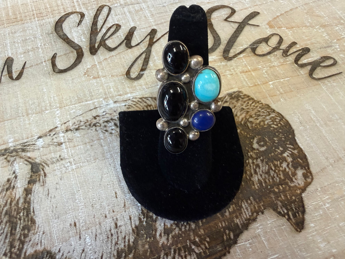 Sterling Silver Onyx Turquoise Lapis Cluster Ring Size 6, Long Multi Stone Statement Ring, Silver Bead Accents, Southwestern Ring