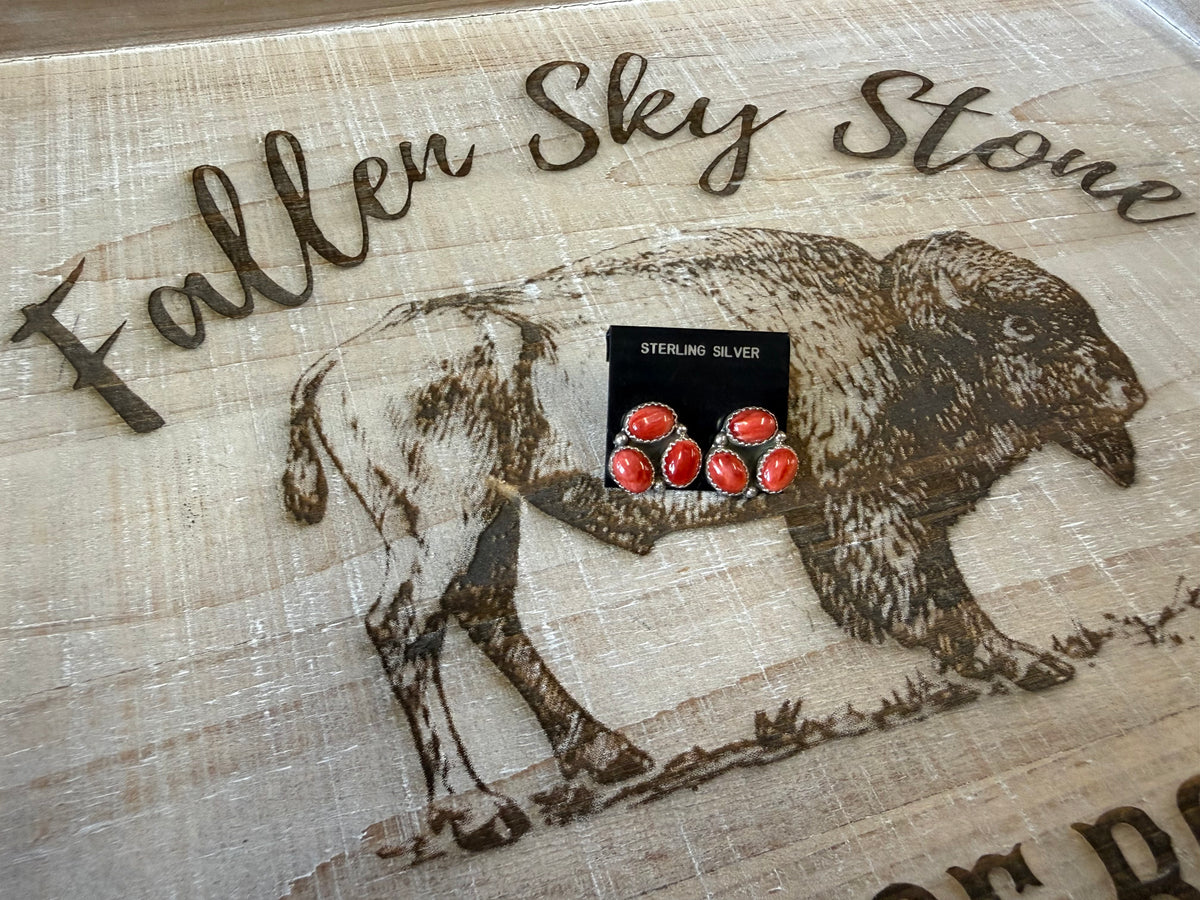 Spiny Oyster Coral Cluster Stud Earrings Sterling Silver | Orange Red Three Stone | Southwestern Handmade Jewelry